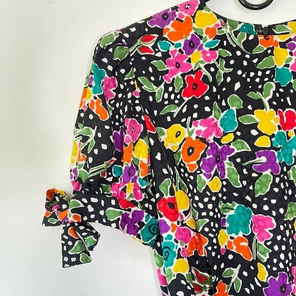 Oscar de la Renta Size 12 Silk Floral Pleated Midi Dress Belt Polka Dot Vintage - Picture 5 of 12